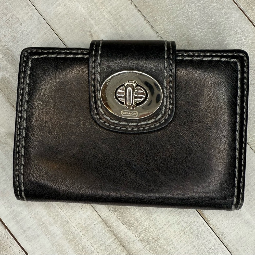 Coach Black Leather Wallet with Silver Turn Lock